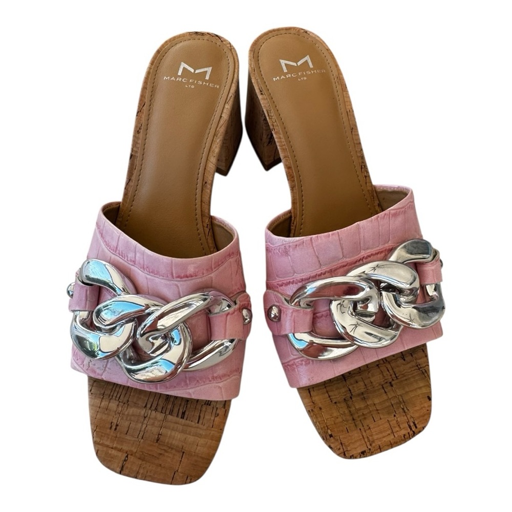 Marc Fisher Pink Croc Embossed Silver Chain Cork Block Heel Sandals 7.5